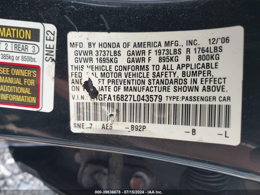 2007 Honda Civic Ex VIN: 1HGFA16827L043579 Lot: 39836678