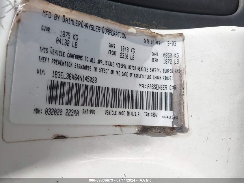 2004 Dodge Stratus Se VIN: 1B3EL36X64N145038 Lot: 39836679