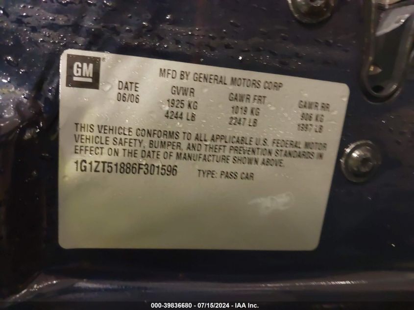 2006 Chevrolet Malibu Lt VIN: 1G1ZT51886F301596 Lot: 39836680