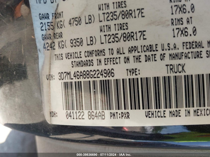2008 Dodge Ram 3500 St/Sxt VIN: 3D7ML46A88G224906 Lot: 39836690