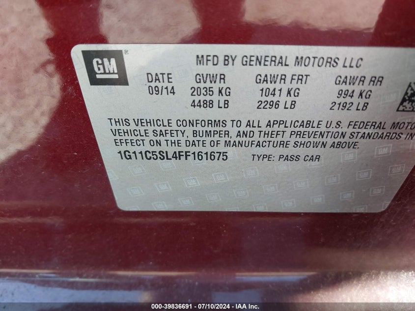 2015 Chevrolet Malibu 1Lt VIN: 1G11C5SL4FF161675 Lot: 39836691