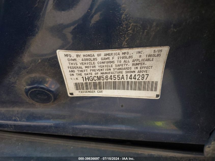 2005 Honda Accord 2.4 Lx VIN: 1HGCM56455A144297 Lot: 39836697