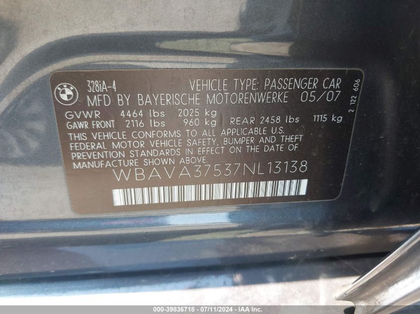 2007 BMW 328I VIN: WBAVA37537NL13138 Lot: 39836718