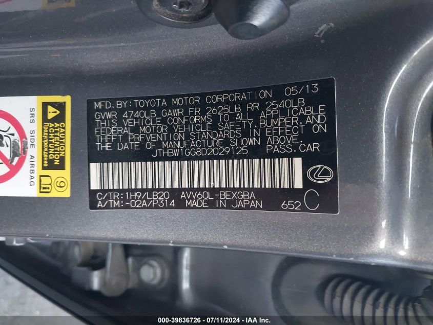 2013 Lexus Es 300H VIN: JTHBW1GG8D2029125 Lot: 39836726