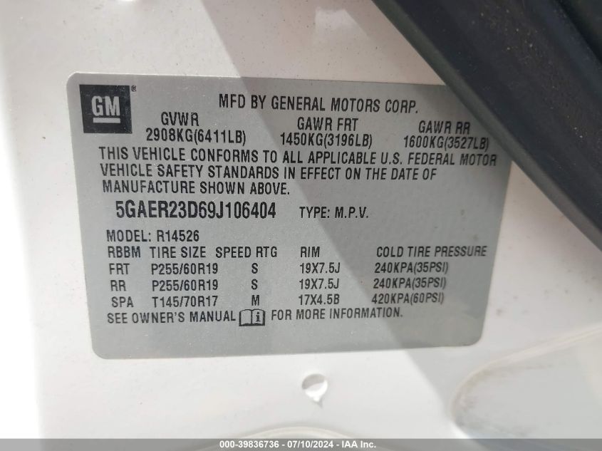 2009 Buick Enclave Cxl VIN: 5GAER23D69J106404 Lot: 39836736