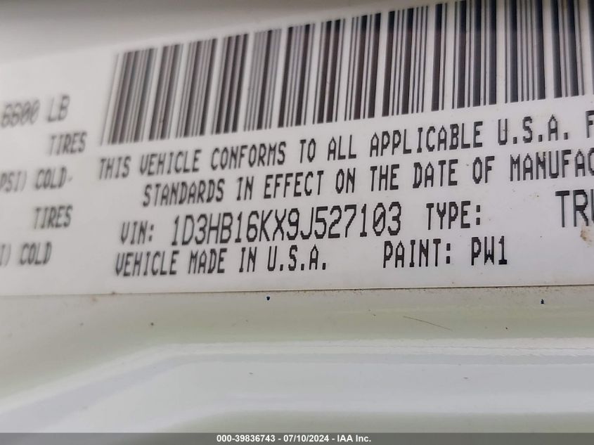 2009 Dodge Ram 1500 St VIN: 1D3HB16KX9J527103 Lot: 39836743