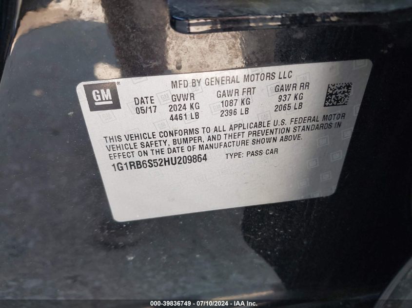2017 CHEVROLET VOLT PREMIER - 1G1RB6S52HU209864