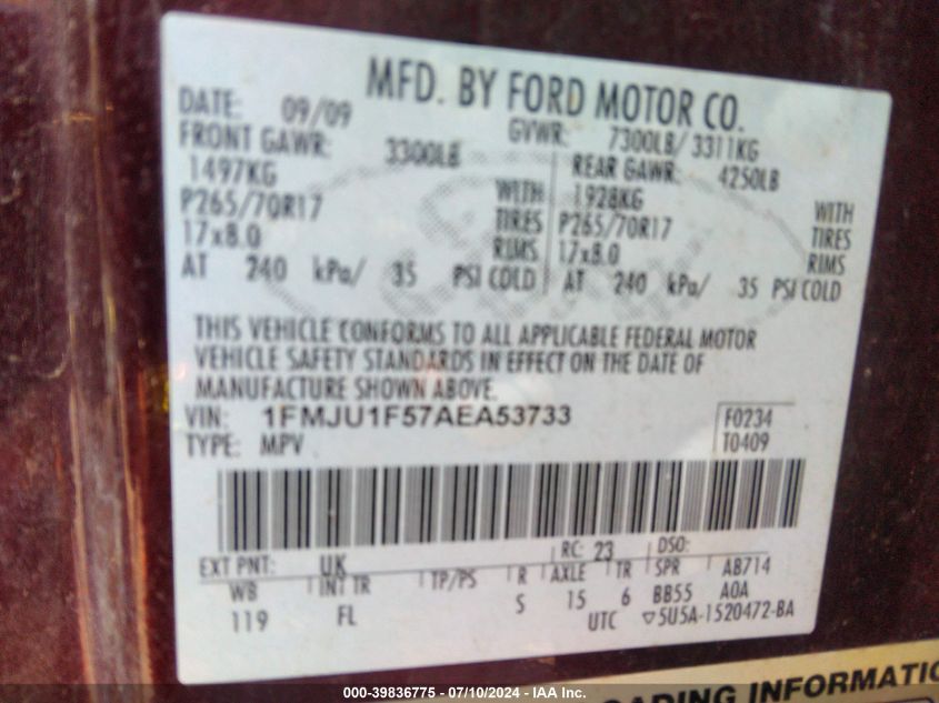 2010 Ford Expedition Xlt VIN: 1FMJU1F57AEA53733 Lot: 39836775