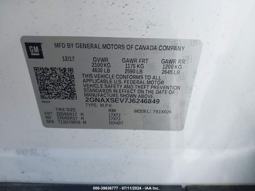 2018 Chevrolet Equinox Lt VIN: 2GNAXSEV7J6246849 Lot: 39836777