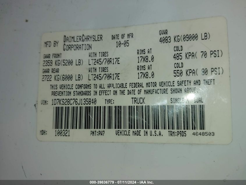 2006 Dodge Ram 2500 St VIN: 1D7KS28C76J135840 Lot: 39836779