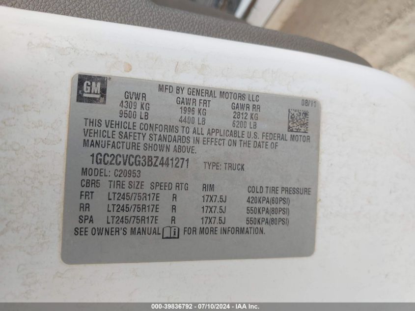 2011 Chevrolet Silverado C2500 Heavy Duty VIN: 1GC2CVCG3BZ441271 Lot: 39836792