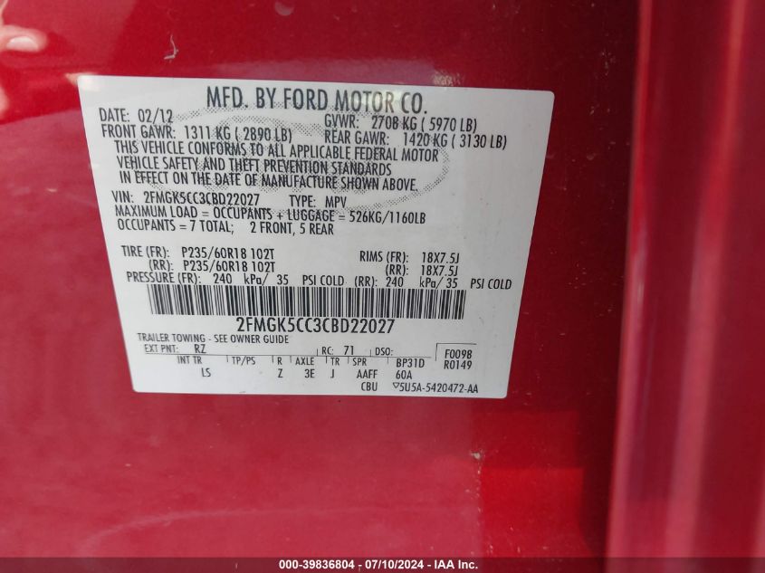 2012 Ford Flex Sel VIN: 2FMGK5CC3CBD22027 Lot: 39836804