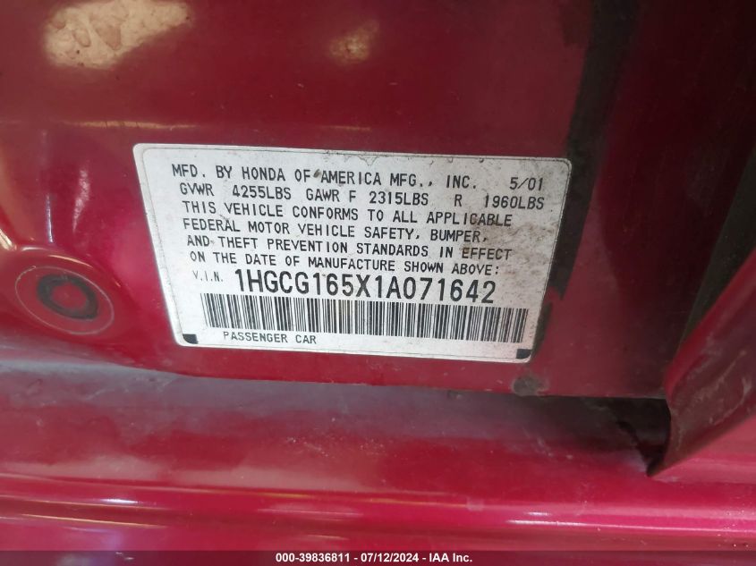 2001 Honda Accord Ex VIN: 1HGCG165X1A071642 Lot: 39836811