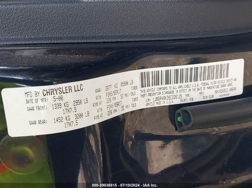 2008 Jeep Grand Cherokee Laredo VIN: 1J8GR48K28C226125 Lot: 39836815