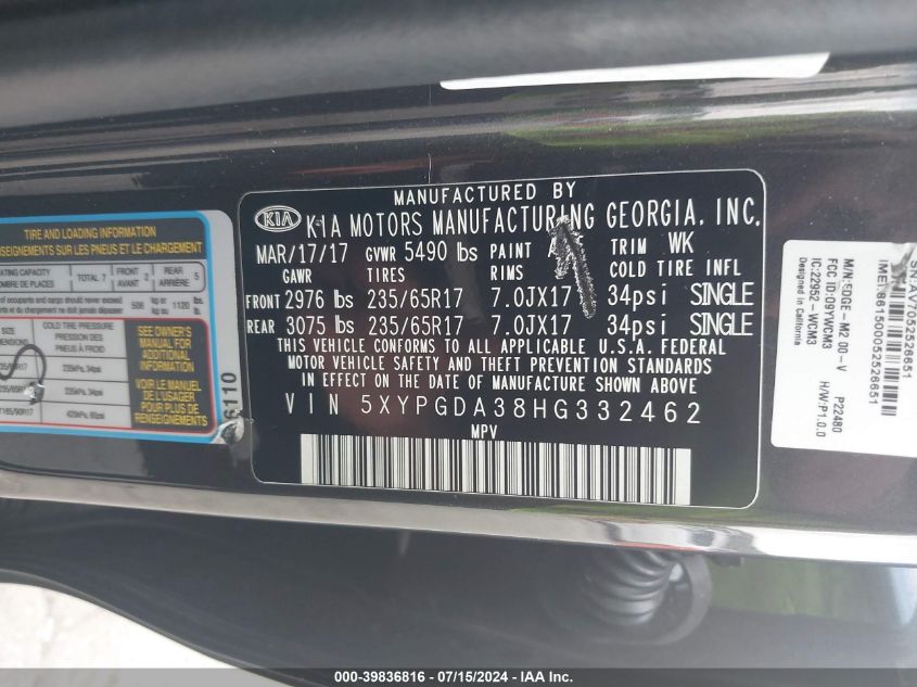 2017 KIA SORENTO LX/L - 5XYPGDA38HG332462