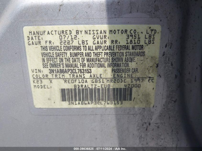 2012 Nissan Sentra 2.0 Sr VIN: 3N1AB6AP3CL763153 Lot: 39836825