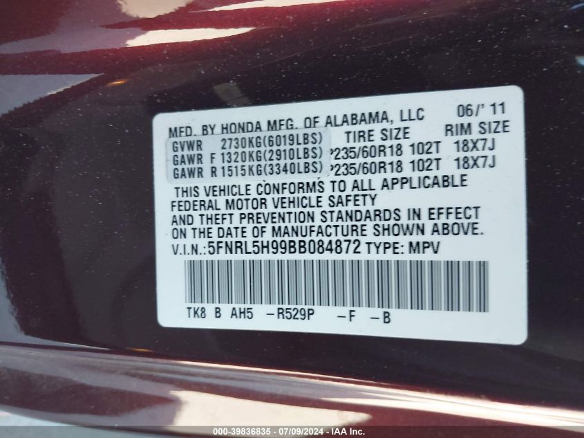 2011 Honda Odyssey Touring/Touring Elite VIN: 5FNRL5H99BB084872 Lot: 39836835