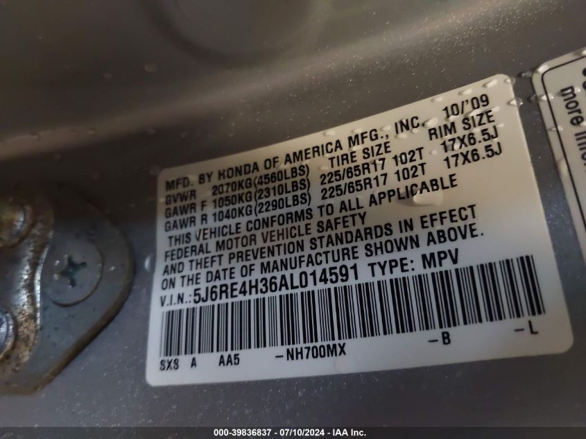 2010 Honda Cr-V Lx VIN: 5J6RE4H36AL014591 Lot: 39836837