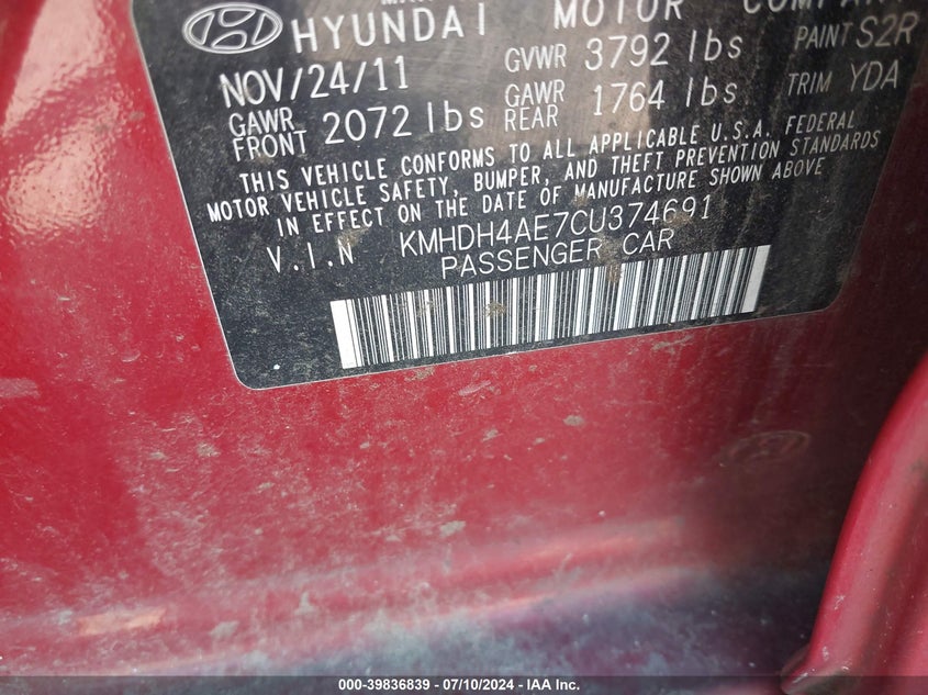 2012 Hyundai Elantra Gls (Ulsan Plant) VIN: KMHDH4AE7CU374691 Lot: 39836839