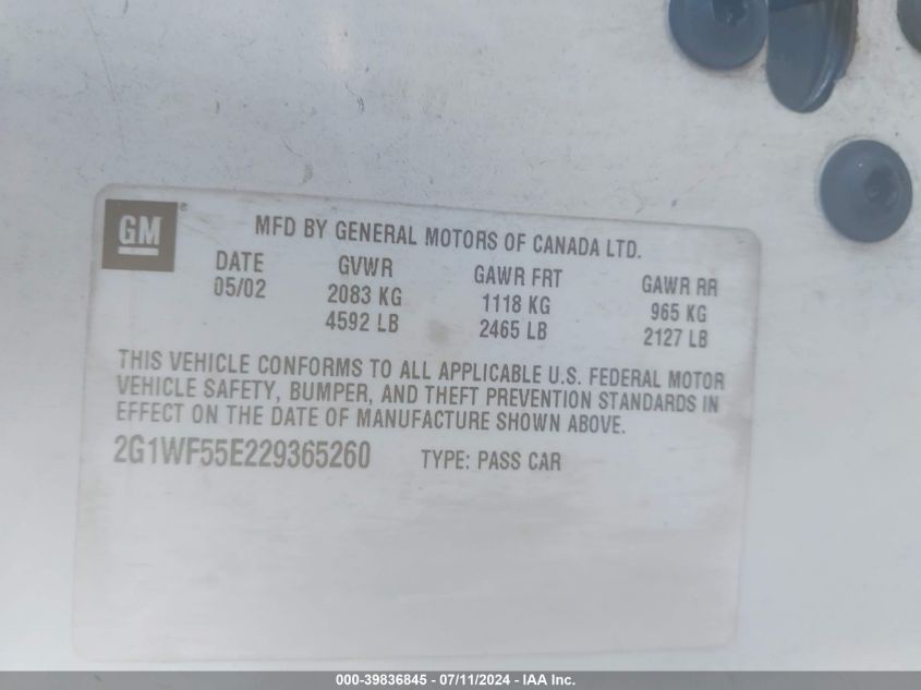 2002 Chevrolet Impala VIN: 2G1WF55E229365260 Lot: 39836845