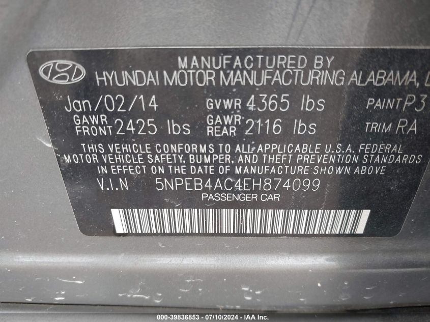 2014 Hyundai Sonata Gls VIN: 5NPEB4AC4EH874099 Lot: 39836853