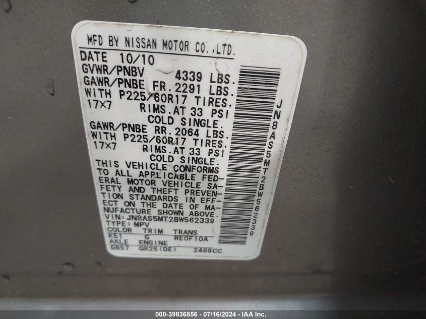 2011 Nissan Rogue Sv VIN: JN8AS5MT2BW562339 Lot: 39836856