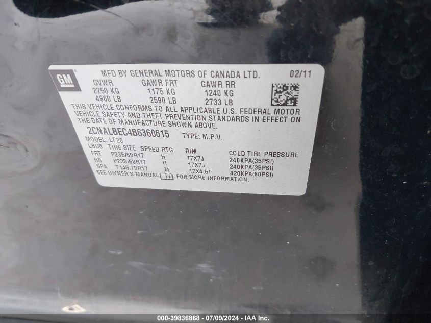 2011 Chevrolet Equinox Ls VIN: 2CNALBEC4B6360615 Lot: 39836868