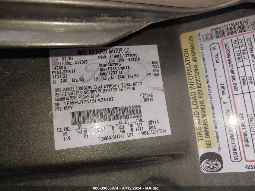 2005 Ford Expedition Eddie Bauer VIN: 1FMFU17515LA76107 Lot: 39836874