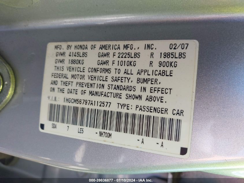 1HGCM56797A112577 | 2007 HONDA ACCORD