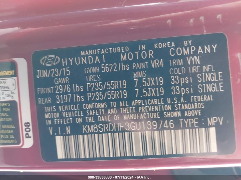 2016 Hyundai Santa Fe Se VIN: KM8SRDHF3GU139746 Lot: 39836880