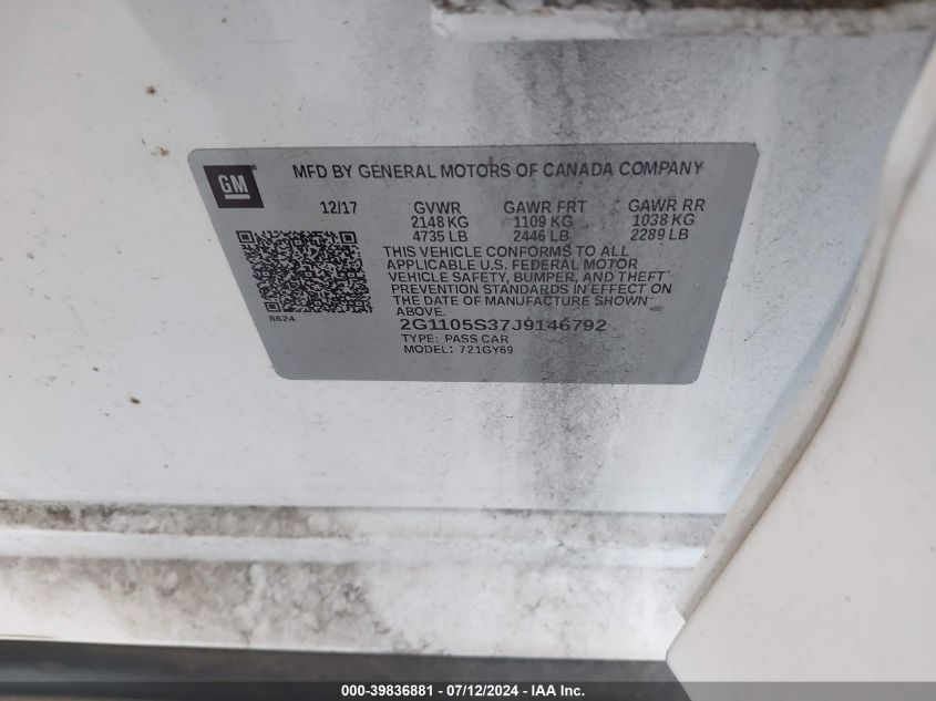 2018 Chevrolet Impala 1Lt VIN: 2G1105S37J9146792 Lot: 39836881