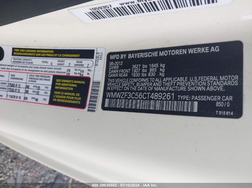 2012 Mini Cooper Clubman VIN: WMWZF3C56CT489261 Lot: 39836882