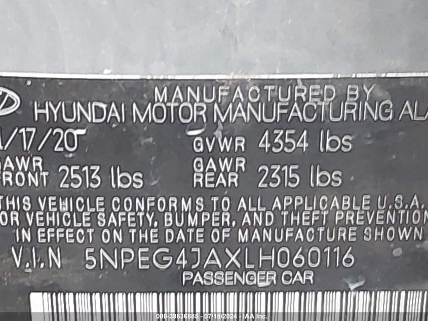 2020 Hyundai Sonata Se VIN: 5NPEG4JAXLH060116 Lot: 39836885