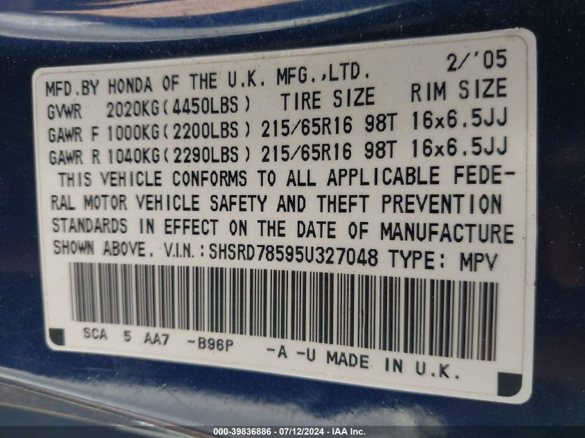 2005 Honda Cr-V Lx VIN: SHSRD78595U327048 Lot: 39836886