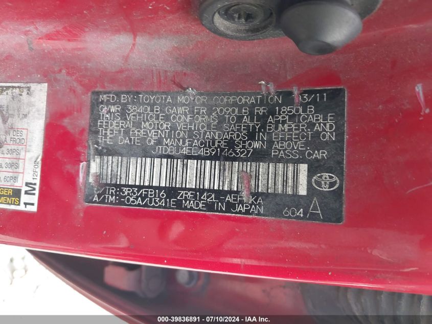 2011 Toyota Corolla Le VIN: JTDBU4EE4B9146327 Lot: 39836891