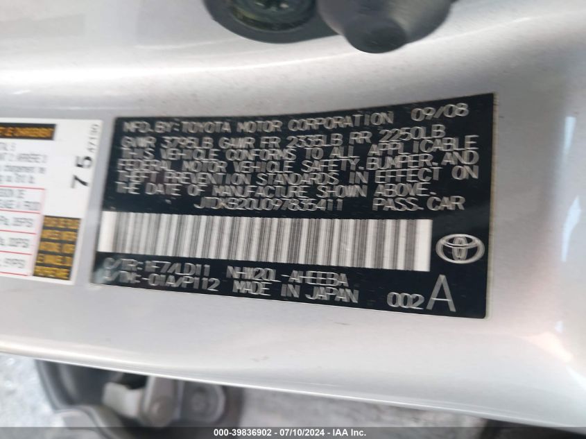 2009 Toyota Prius VIN: JTDKB20U097835411 Lot: 39836902