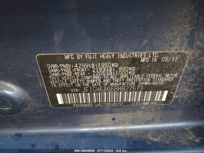 2011 Subaru Impreza 2.5I VIN: JF1GH6A66BH827573 Lot: 39836909