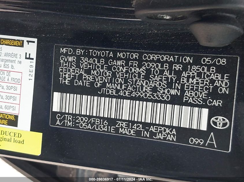 2009 Toyota Corolla Le VIN: JTDBL40E499053330 Lot: 39836917