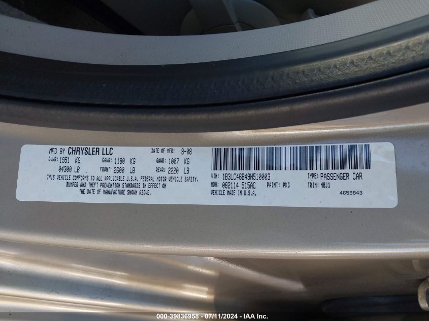 2009 Dodge Avenger Se/Sxt VIN: 1B3LC46B49N510003 Lot: 39836958