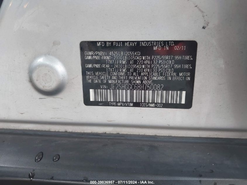 2011 Subaru Forester 2.5Xt Touring VIN: JF2SHGGC6BH750082 Lot: 39836957