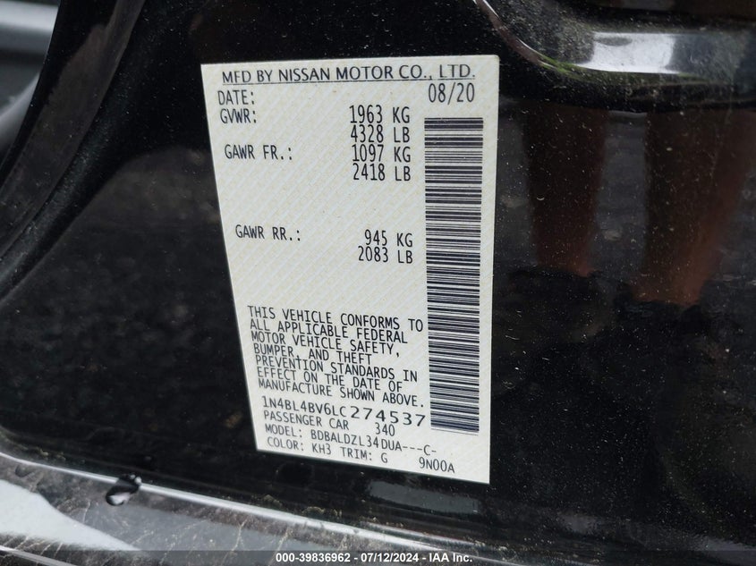 2020 Nissan Altima S Fwd VIN: 1N4BL4BV6LC274537 Lot: 39836962