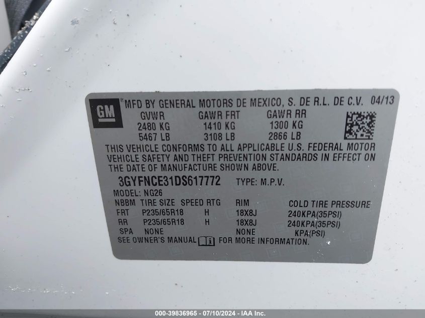 2013 Cadillac Srx Luxury Collection VIN: 3GYFNCE31DS617772 Lot: 39836965