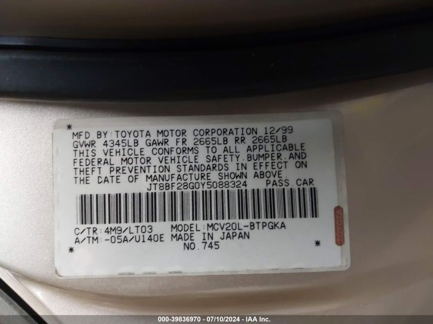 2000 Lexus Es 300 VIN: JT8BF28G0Y5088324 Lot: 39836970