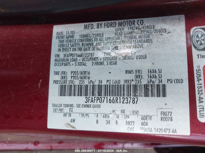 2006 Ford Fusion Se VIN: 3FAFP07166R123787 Lot: 39836971