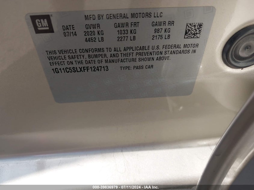 2015 Chevrolet Malibu 1Lt VIN: 1G11C5SLXFF124713 Lot: 39836979