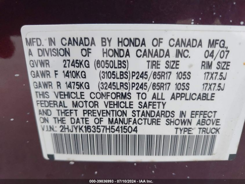 2007 Honda Ridgeline Rtx VIN: 2HJYK16357H541504 Lot: 39836993