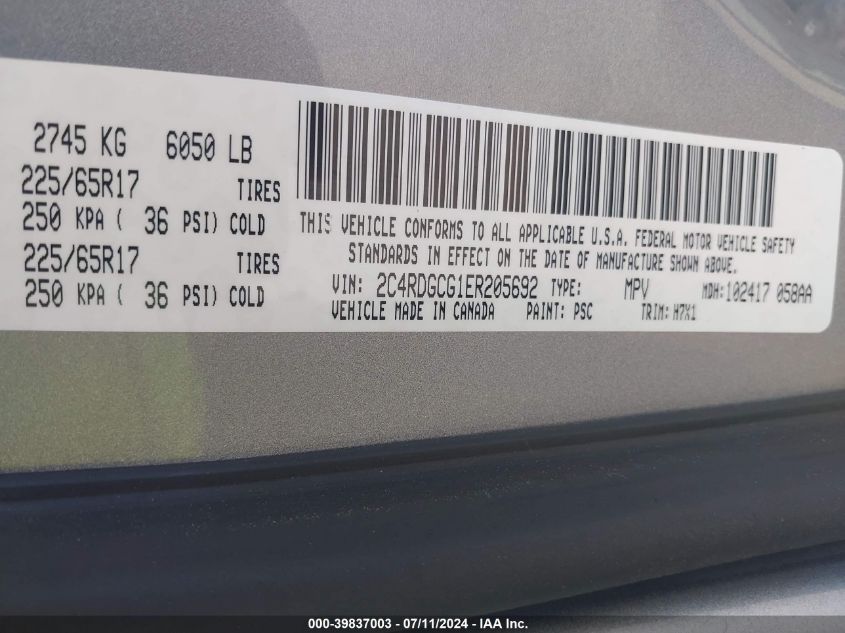 2014 Dodge Grand Caravan Sxt VIN: 2C4RDGCG1ER205692 Lot: 39837003