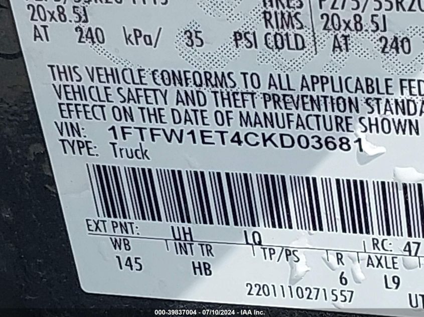2012 Ford F-150 Lariat VIN: 1FTFW1ET4CKD03681 Lot: 39837004