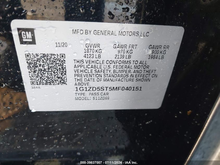 2021 Chevrolet Malibu Fwd Lt VIN: 1G1ZD5ST5MF040151 Lot: 39837007