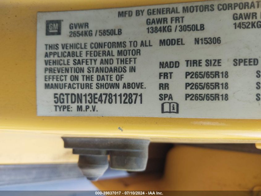 2007 Hummer H3 Suv VIN: 5GTDN13E478112871 Lot: 39837017